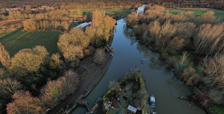 Aerial view of Iffley Lock and surrounding fields